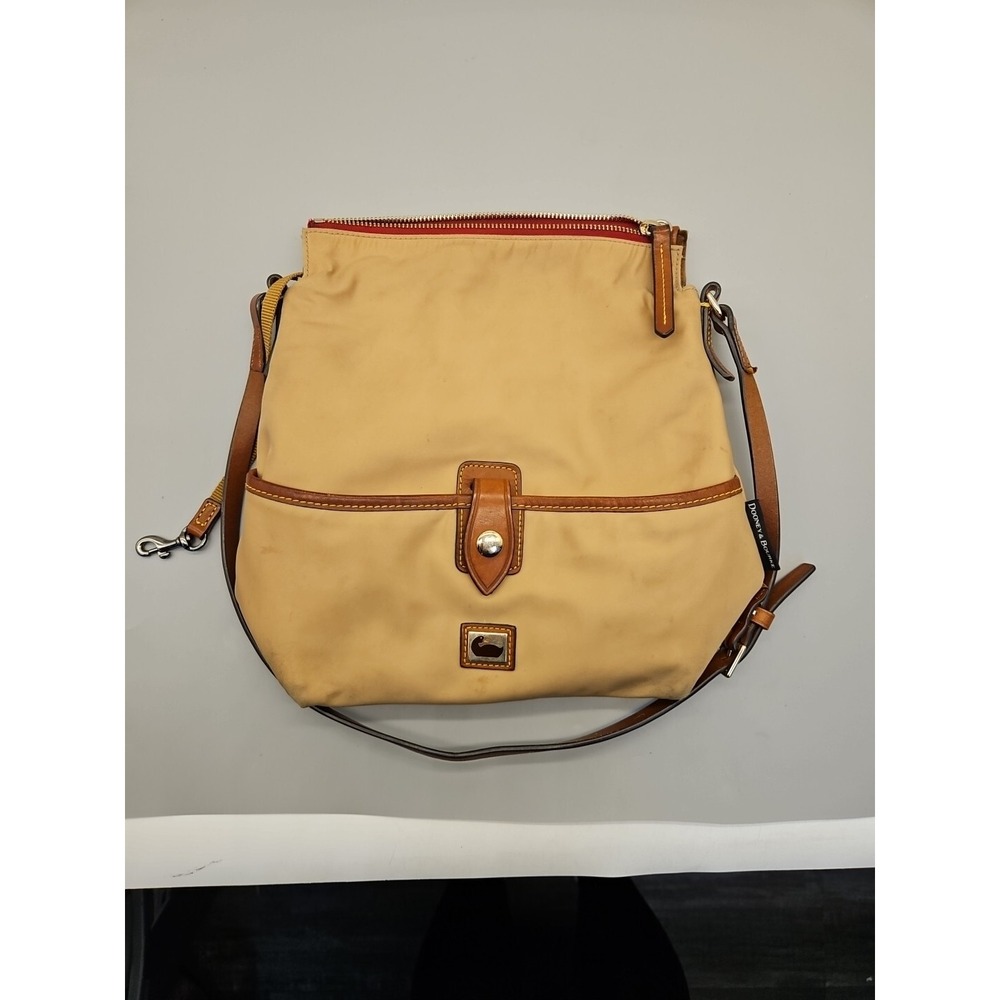 Dooney & Bourke Tan Canvas Purse w/ Brown Leather, Used w/ Inside Ink Stain